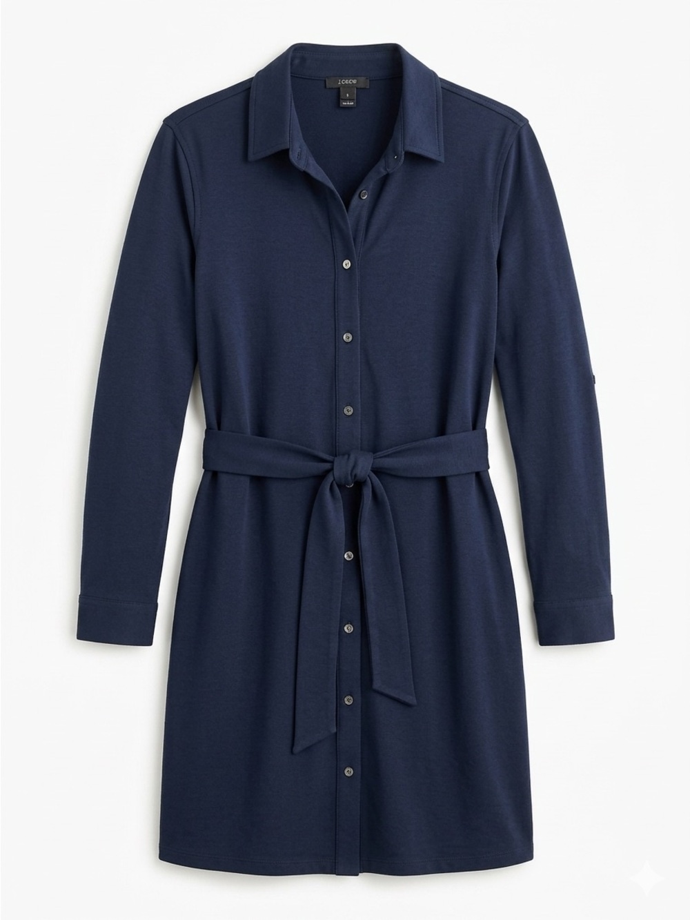 J.Crew Navy Blue Button Front Belted Shirt Dress Roll Tab Sleeve Size S